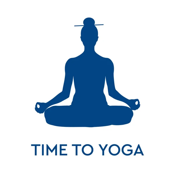 Dags för Yoga. Meditation siluett sitter i lotusposition, vektor illustration. — Stock vektor