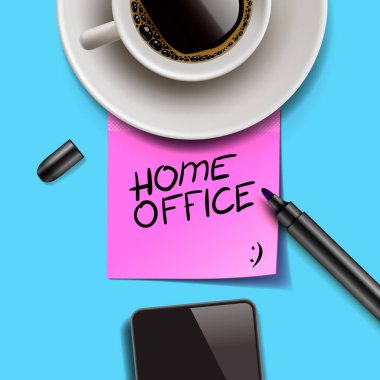 Merkez ofis, pembe kağıda yazılmış. Evde kal. Sosyal medya kampanyası, koronavirüs önleme, kişisel izolasyon. Vektör illüstrasyonu