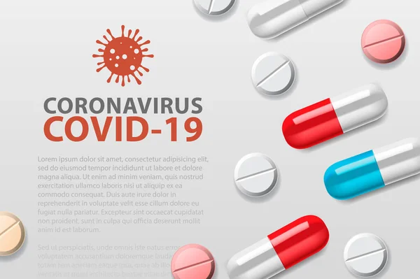 Coronavirus piller vektor illustration. Pandemisk koncept medicin illustration. Ett utbrott av Coronavirus. 2019-nCoV bakgrund. Medicinsk utformning. — Stock vektor