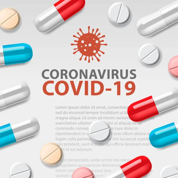 Coronavirus piller vektor illustration. Pandemisk koncept medicin illustration. Ett utbrott av Coronavirus. 2019-nCoV bakgrund. Medicinsk utformning. — Stock vektor