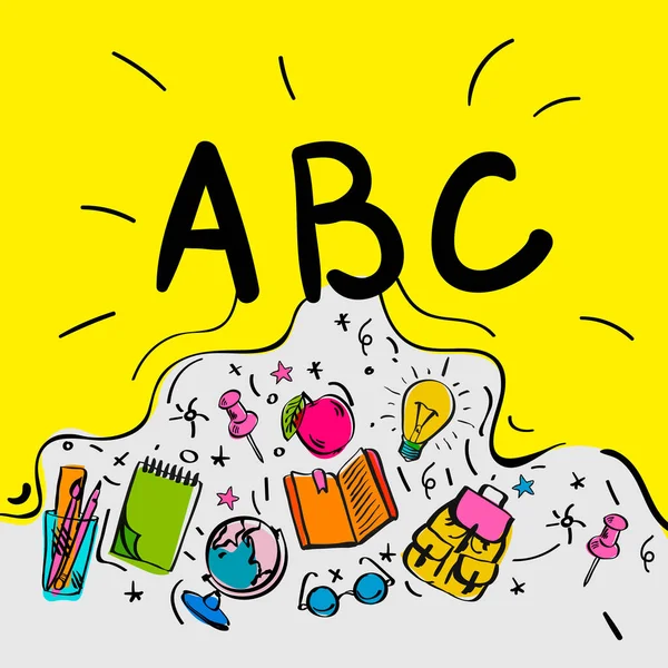 Schulanfänge. ABC-Buchstaben-Doodle-Stil auf gelbem Hintergrund, intelligente Kinder, Vektorillustration. — Stockvektor