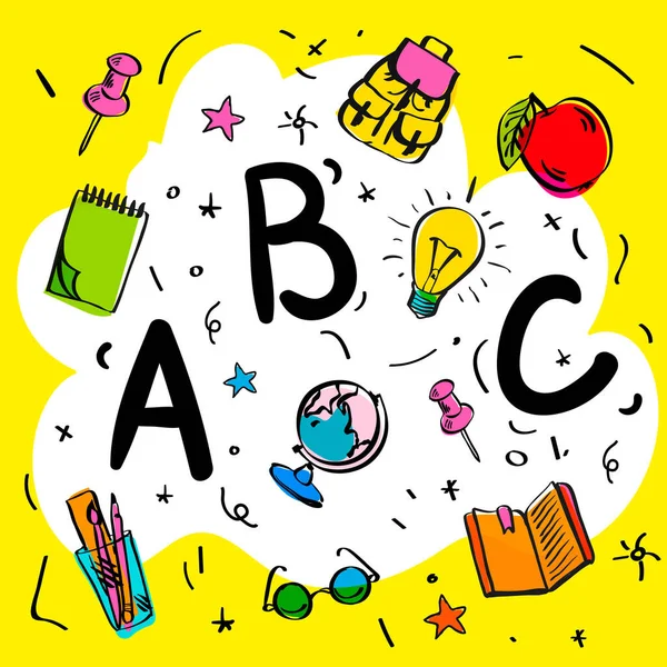 Comienzos escolares. ABC letras doodle estilo sobre fondo amarillo, niños inteligentes, ilustración vectorial . — Archivo Imágenes Vectoriales