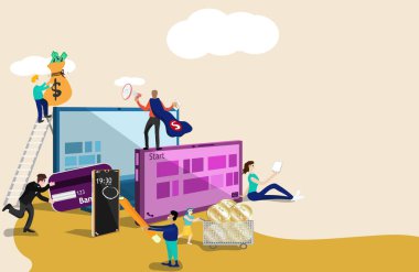 E-bankacılık çevrimiçi, mevduat, kazanç, transfer parası, banka kartı, ödeme teknolojisi konsepti, cep telefonu, tablet, bilgisayar karikatür simgeleri, düz insan karakter tasarımı, vektör, illüstrasyon. 