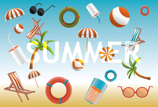 Yaz seti arka plan vektörü, şemsiye, hindistan cevizi ağacı, top, sandalye, mavi arkaplan, ilkbahar sıcak seyahat konsepti, vektör sanatı ve illüstrasyon.