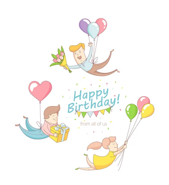 Happy birthday party greeting card invitation funny people chara — Stock Vector
