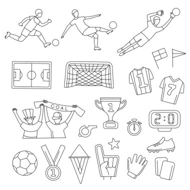 Soccer football player game match fans outline icons set vector Soccer football player game match fans outline icons set vector