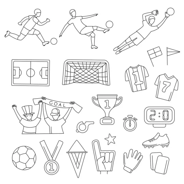 Calcio giocatore di calcio partita partita fan contorno icone impostato — Vettoriale Stock