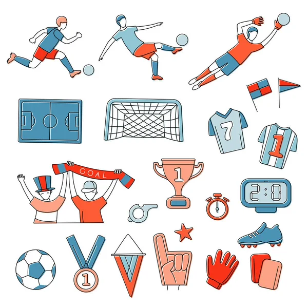 Piłka nożna piłka nożna mecz fanów mecz zarys ikony zestaw — Wektor stockowy