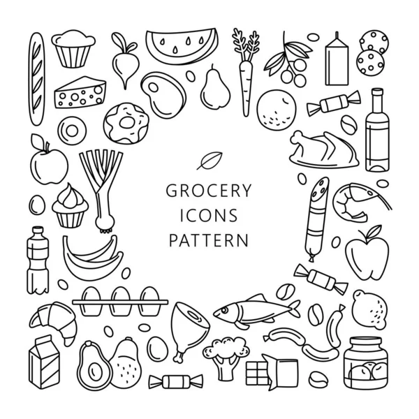 Grosery supermarket zboží vzor skladování potravin, nápojů, zeleniny — Stockový vektor