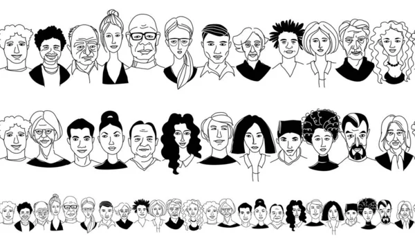 Linea di ritratti della testa degli uomini delle donne disegno doodle poster senza cuciture — Vettoriale Stock