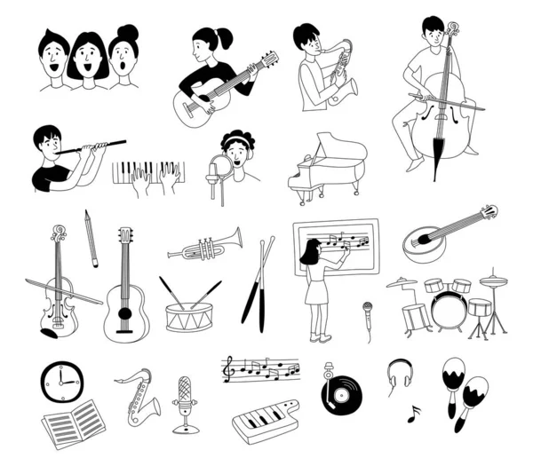 Cours de musique étudiants différents instruments de musique ensemble de gribouillis — Image vectorielle