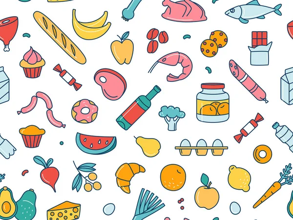 Bezešvé vzory supermarket grosery potraviny, nápoje, zelenina, ovoce, ryby, maso, mléčné výrobky, sladkosti — Stockový vektor