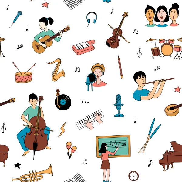 Music lessons students different musical instruments seamless doodle pattern — ストックベクタ