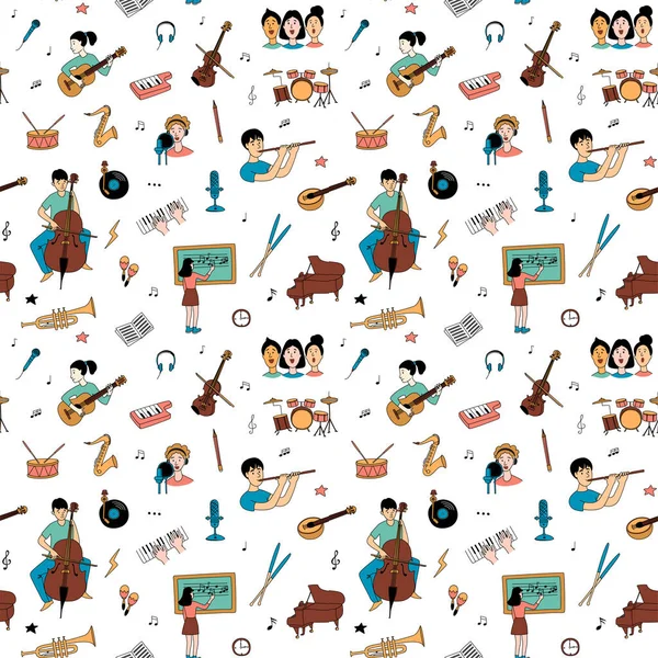 Music lessons students different musical instruments seamless doodle pattern — ストックベクタ