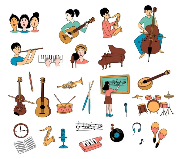 Cours de musique étudiants différents instruments de musique ensemble de gribouillis — Image vectorielle