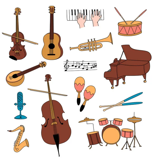 Musical instruments guitar, flute, cello, violin ,saxophone set doodles — ストックベクタ