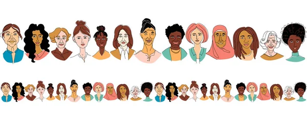 Frauen Vielfalt Kopf Porträts Linie Zeichnung Doodle Poster nahtlose Muster — Stockvektor