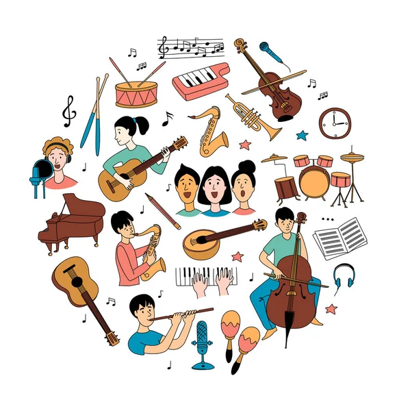 Cours Musique Avec Les Étudiants Différents Instruments Musique Guitare Flûte — Image vectorielle