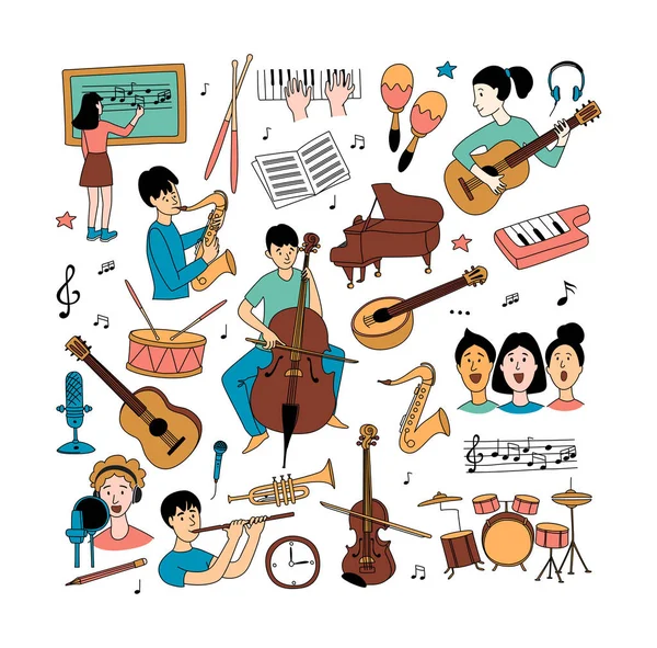 Μουσικά Μαθήματα Μαθητές Διαφορετικά Μουσικά Όργανα Κιθάρα Φλάουτο Τσέλο Βιολί — Διανυσματικό Αρχείο