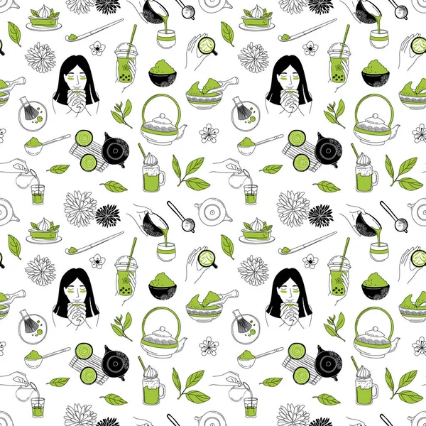 Ceremonia japonesa con Matcha. Mujer oriental Manos sosteniendo el té . — Vector de stock