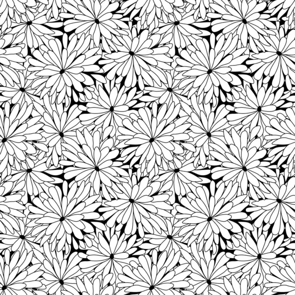 Vector illustration doodles in thin line art sketch style seamless pattern chrysanthemum. — 스톡 벡터