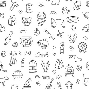 Pet store dogs, cats, birds, other domestic animals seamless pattern vector Pet store dogs, cats, birds, other domestic animals seamless pattern vector