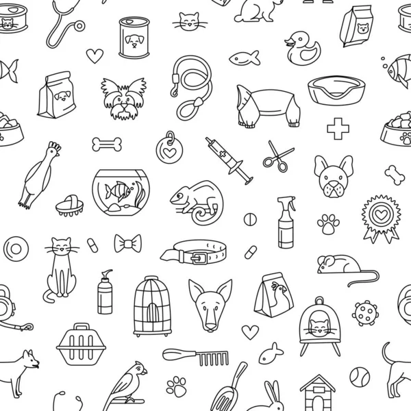 Pet store dogs, cats, birds, other domestic animals seamless pattern — 스톡 벡터