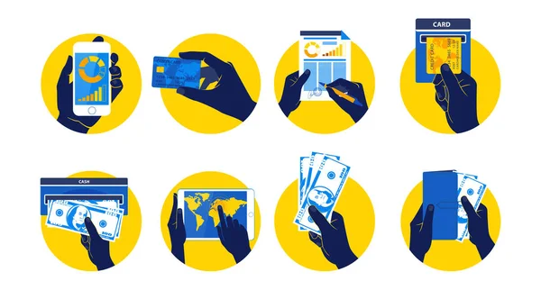 用手持信用卡 智能手机 钱和其他商业用品的手对图标集进行矢量演示 平面设计风格 蓝色和黄色 — 图库矢量图片