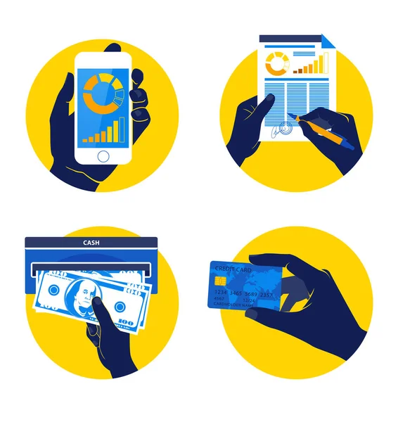 Ilustração Vetorial Ícone Definido Com Mãos Segurando Cartão Crédito Smartphone — Vetor de Stock