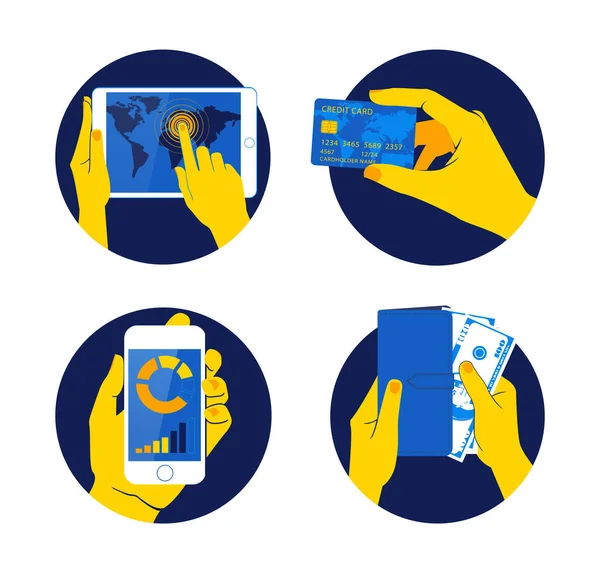 用手持信用卡 智能手机 钱和其他商业用品的手对图标集进行矢量演示 平面设计风格 蓝色和黄色 — 图库矢量图片