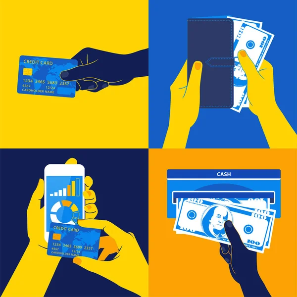 Hands holding credit card, smartphone, money and other commercial objects. — Stock vektor