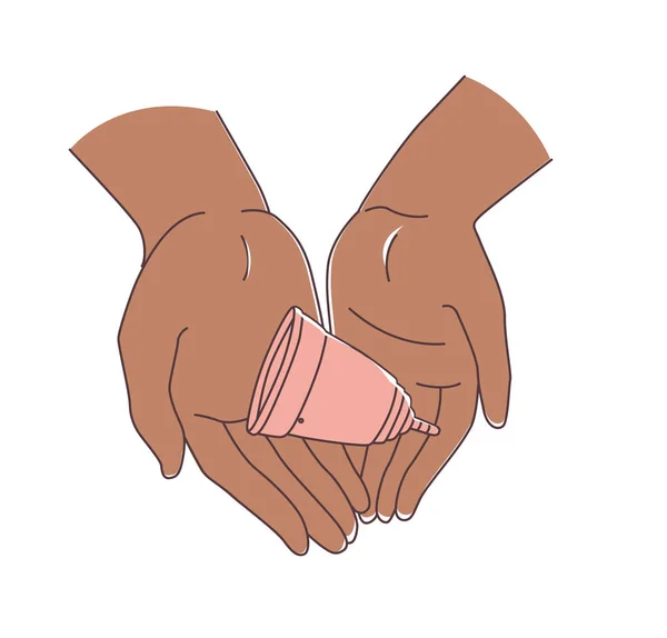 Woman holding and using menstrual cup during period. Doodle icons — Stock vektor