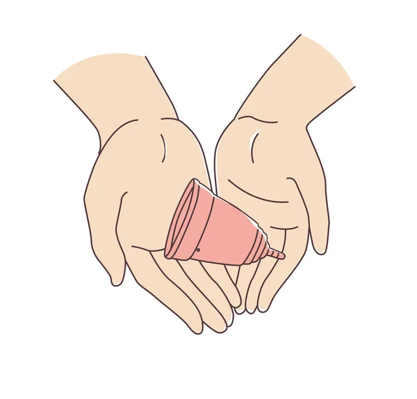 Mujer sosteniendo y usando copa menstrual durante el período. Iconos de Doodle — Vector de stock