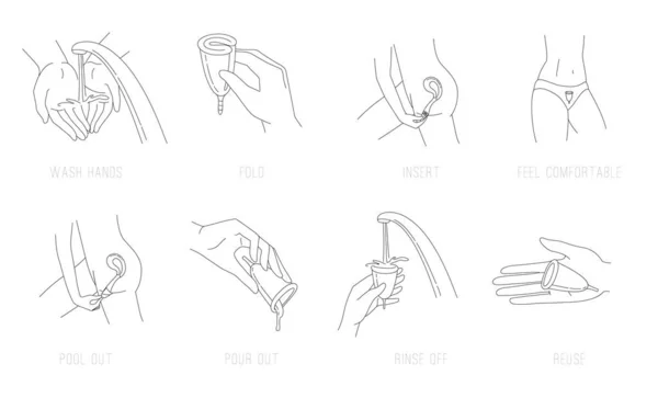 Instrucciones que utilizan la mujer copa menstrual durante el período. Iconos de garabatos vectoriales — Archivo Imágenes Vectoriales