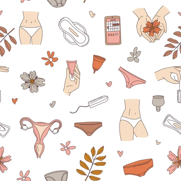 Períodos menstruales de las mujeres patrón sin costuras: calzoncillos, almohadillas, tampones, copa menstrual — Vector de stock