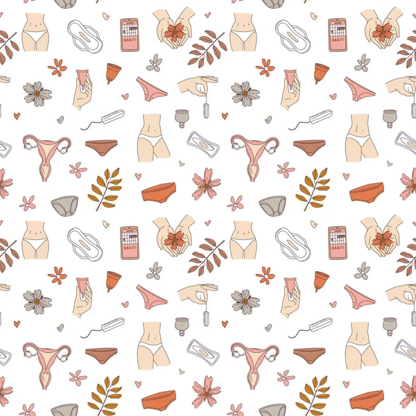 Menstruations féminines motif sans couture : sous-vêtements, tampons, tampons, coupe menstruelle — Image vectorielle