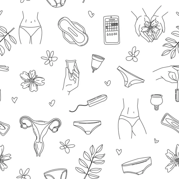 Períodos menstruales de las mujeres patrón sin costuras: calzoncillos, almohadillas, tampones, copa menstrual — Archivo Imágenes Vectoriales