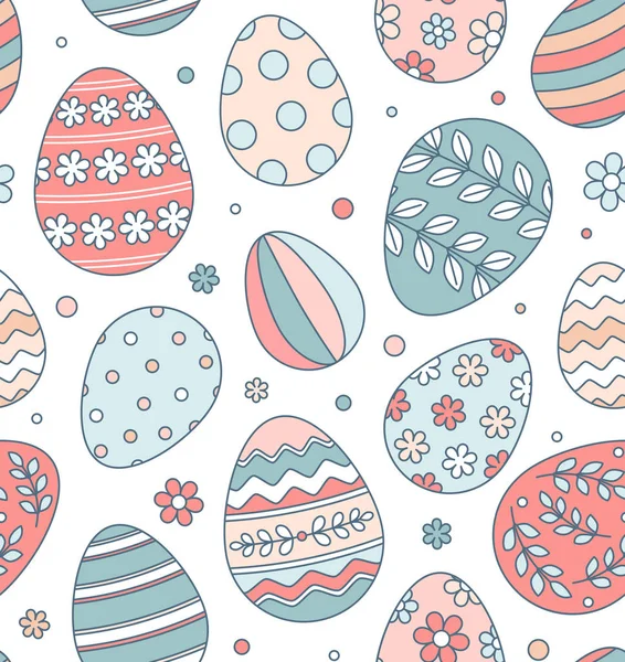 Feliz Pascua saludo patrón sin costuras con huevos de Pascua pintados decorados — Vector de stock