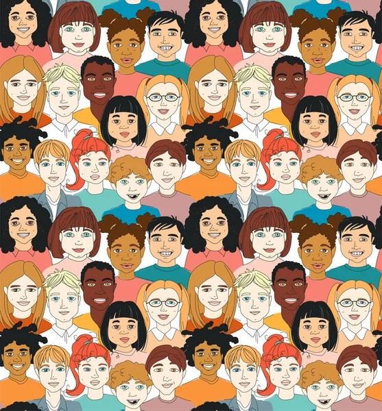 Diverse Kid Children Head Diversity Seamless Pattern Background Hand Drawn — Stok Vektör