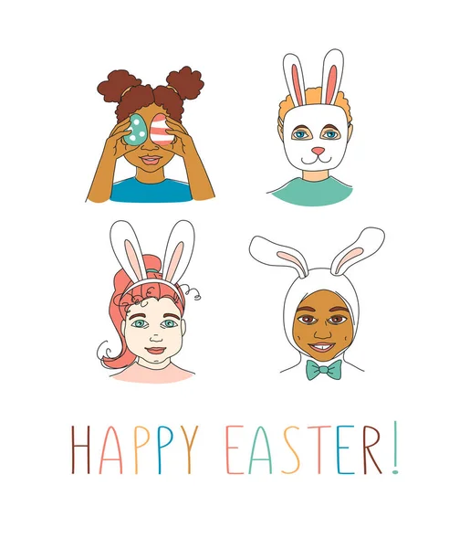 不同类型的孩子的孩子的男孩和女孩领导的多样性 复活节快乐有趣的兔子耳朵和彩绘的蛋 手绘画线涂鸦矢量示意图招贴画贺卡 — 图库矢量图片#