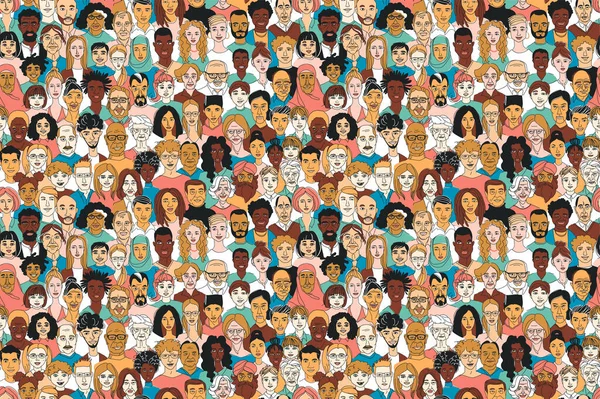 老年成年女性子女的无缝背景 多元化的多种族 多民族的人群 手绘画线涂鸦矢量插图海报 — 图库矢量图片