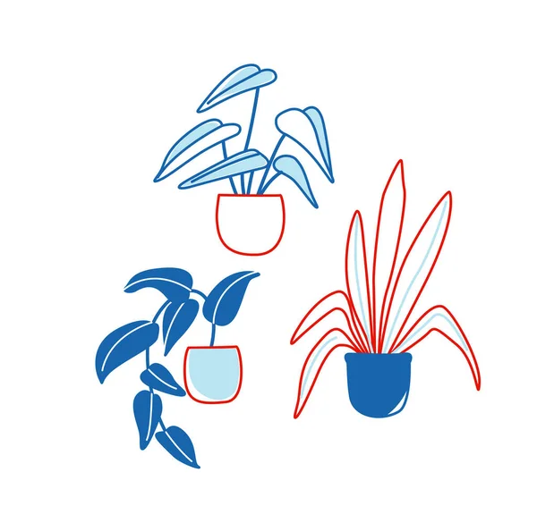 Woonplanten Potten Set Potplanten Vector Illustratie Doodles Dunne Lijn Kunst — Stockvector
