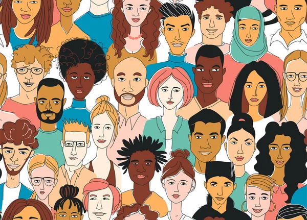 Dekoratif Çeşitlilikteki Kadınların Erkek Başları Kusursuz Desenli Çoklu Etnik Gruplar — Stok Vektör