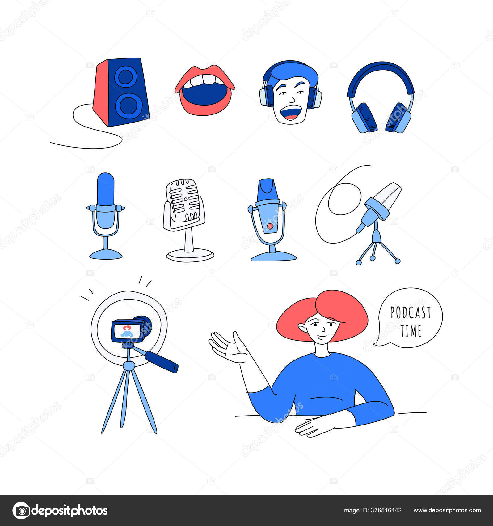 Set Ilustrasi Vektor Rata Host Radio Gambar Doodle Hosting Media Stok Vektor C Svsunny 376516442