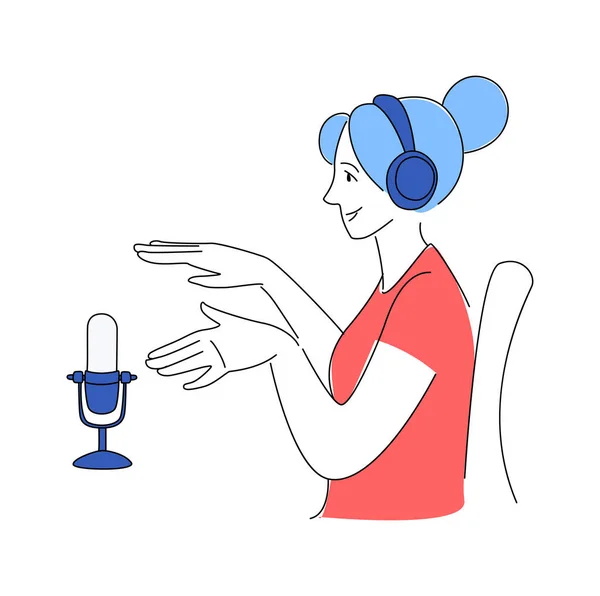 Радиоведущий Таблицей Плоских Векторных Иллюстраций Медиа Хостинг Рисунок Каракули Женщина — стоковый вектор