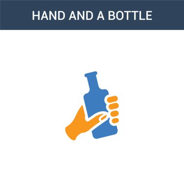 İki renkli el ve bir şişe konsept vektör ikonu. İki renkli El ve bir şişe vektör çizimi. Beyaz arkaplanda izole edilmiş mavi ve turuncu epinefrin simgesi.
