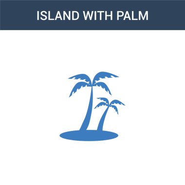 Palmiye ağaçları konsept vektör ikonu olan iki renkli ada. Palmiye ağaçları vektör illüstrasyonlu 2 renkli ada. Beyaz arkaplanda izole edilmiş mavi ve turuncu epinefrin simgesi.