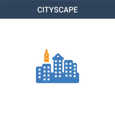 İki renkli şehir konsept vektör simgesi. 2 renk Cityscape vektör çizimi. Beyaz arkaplanda izole edilmiş mavi ve turuncu epinefrin simgesi.