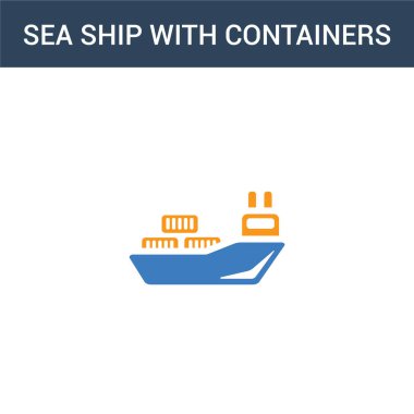 Konteynır taşıyıcı ikonu olan iki renkli deniz gemisi. Konteynır çizimine sahip 2 renkli deniz gemisi. Beyaz arkaplanda izole edilmiş mavi ve turuncu epinefrin simgesi.