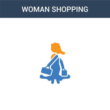İki renkli kadın alışveriş konsepti vektör ikonu. 2 renk Kadın Alışveriş Vektörü çizimi. Beyaz arkaplanda izole edilmiş mavi ve turuncu epinefrin simgesi.